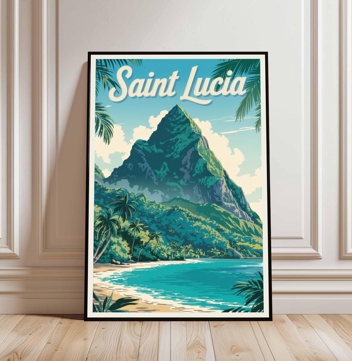 Saint Lucia Pitons Palm Beach Caribbean Vintage Travel Poster