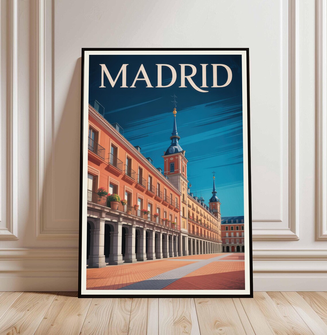 Madrid Historic Plaza Arcades Blue Sky Vintage Travel Art Poster