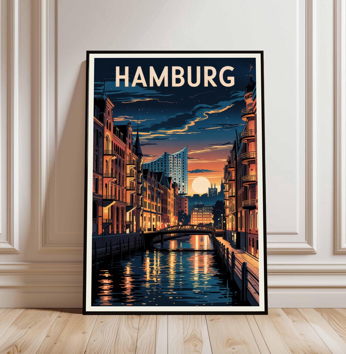 Hamburg Germany Night Canal Reflection Vintage Travel Wall Poster