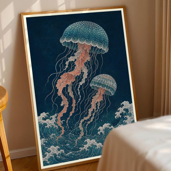 Jellyfish Wall Art Japanese Ukiyoe Style Turbulent Ocean Print Nautical Sea Life Decor