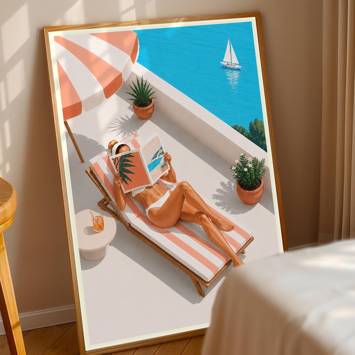 Woman Reading Magazine Seaside Terrace Sunbathing Travel Poster