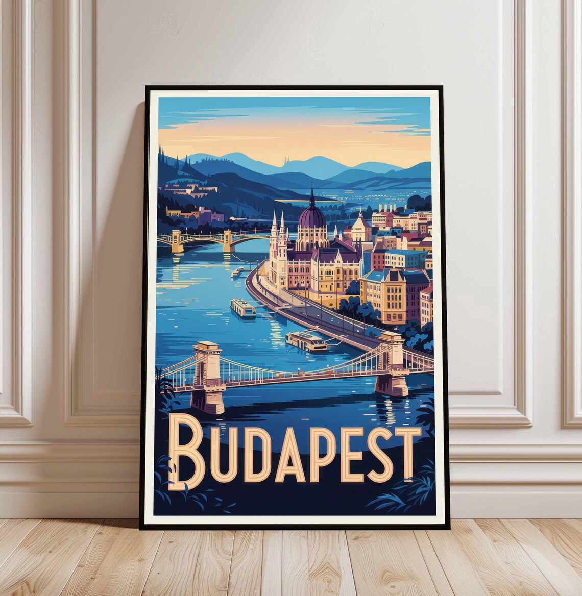 Budapest Hungary Chain Bridge Parliament Danube Vintage Travel Poster