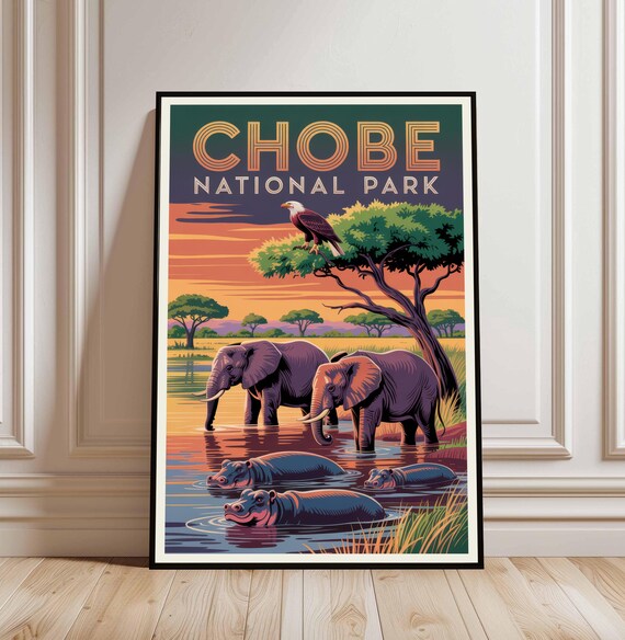 Chobe National Park Botswana Elephants Hippos Sunset Travel Poster