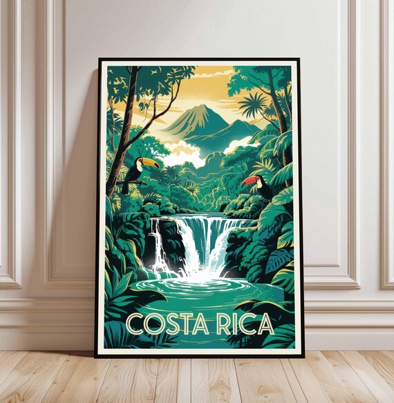 Costa Rica Jungle Waterfall with Toucans Vintage Travel Poster
