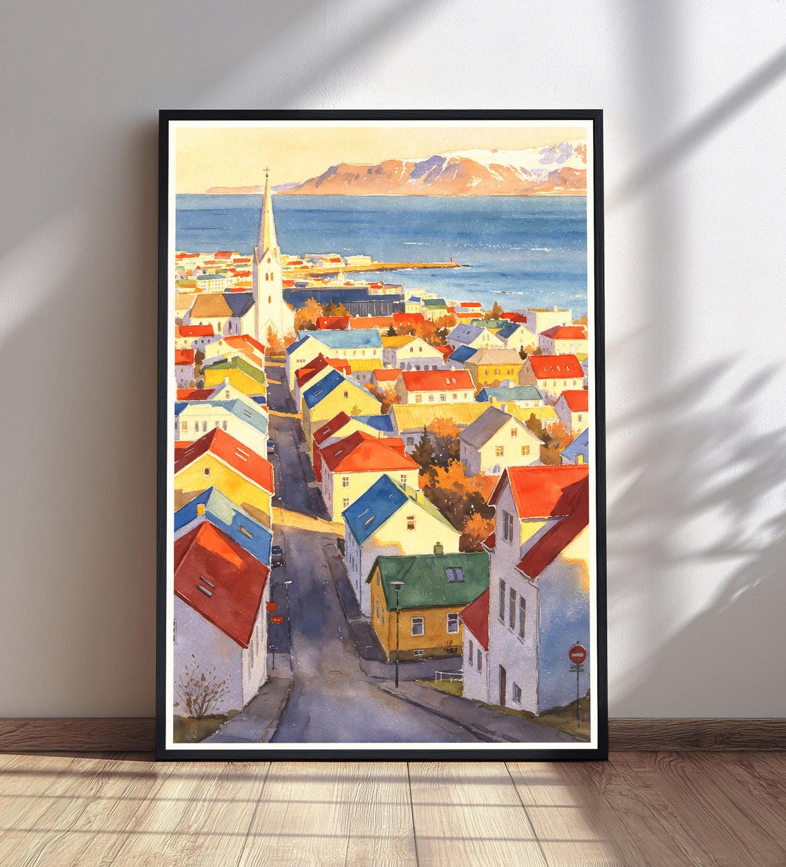 Watercolor Cityscape Print Colorful Houses Wall Art Church Steeple Painting Mountain Lake City View
