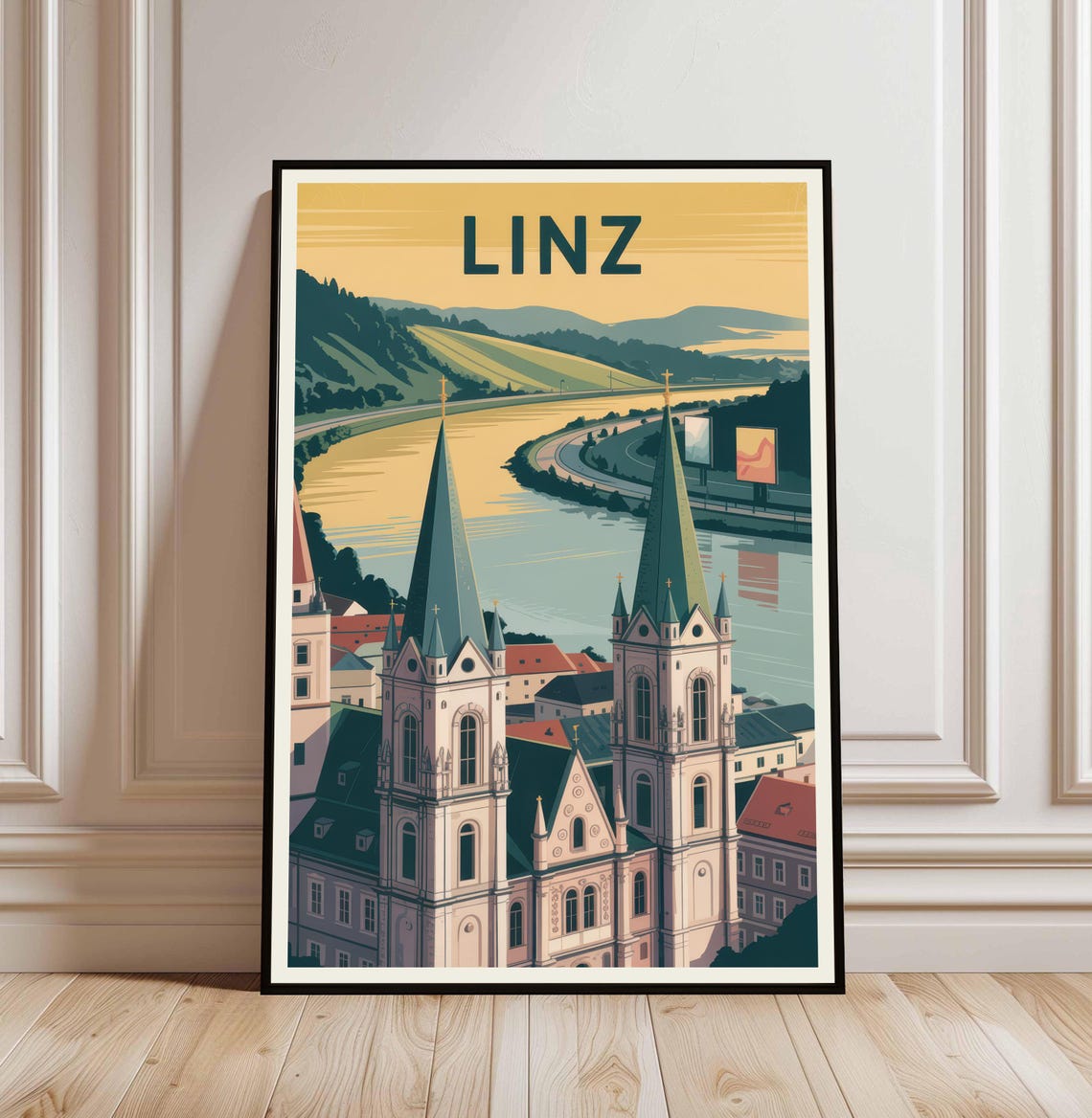Linz Austria Twin Spire Cathedral Danube River Travel Poster