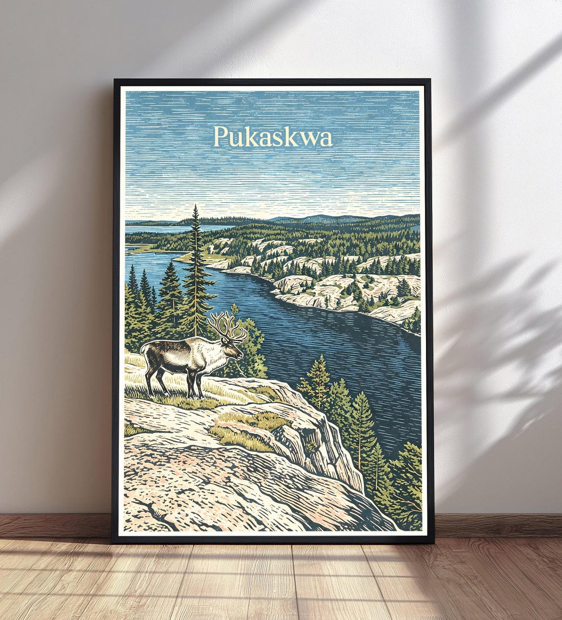 Pukaskwa National Park Poster Caribou Lake Overlook Woodcut Travel