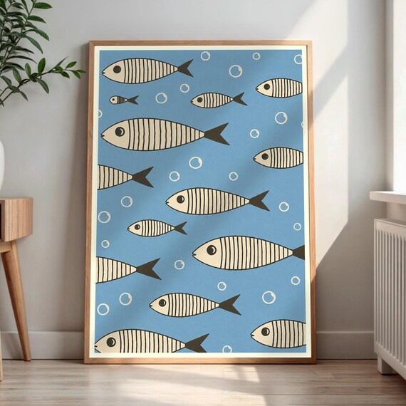 Striped Fish School Blue Pattern Retro Coastal Nursery Art Poster
