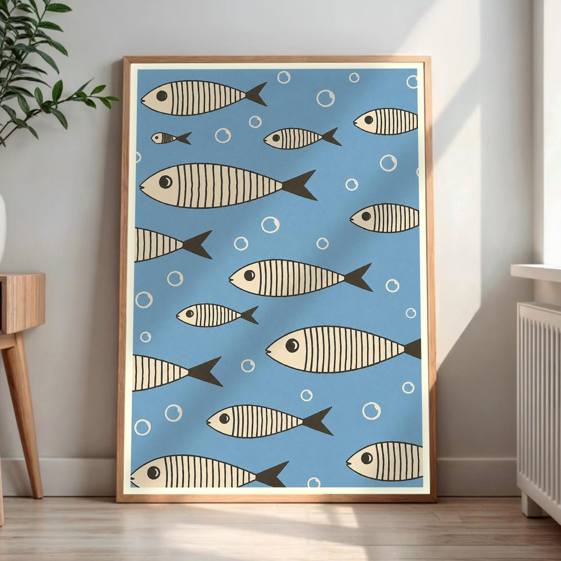 Stylized Fish Wall Art Striped Print Coastal Decor Ocean Theme Hanging