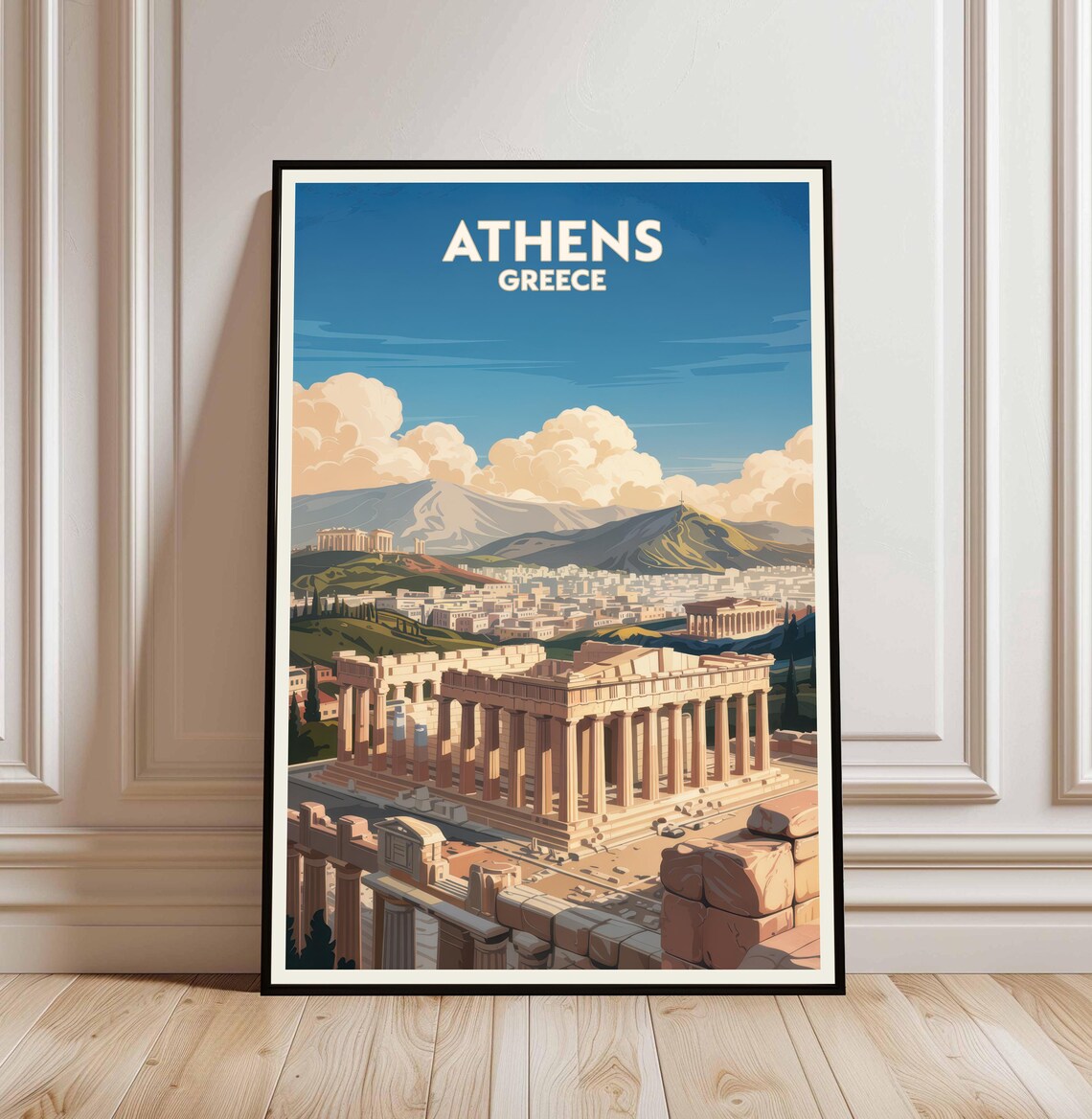 Athens Greece Parthenon City Panorama Mountains Vintage Travel Poster