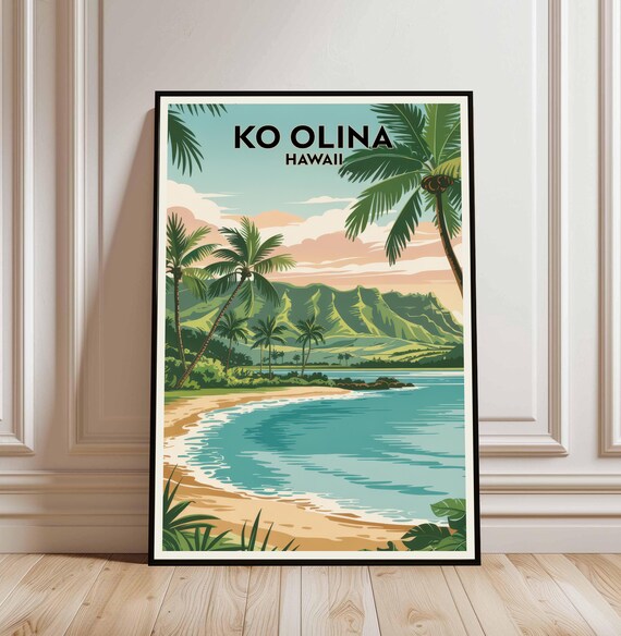 Ko Olina Hawaii Travel Poster of a Tropical Beach with Palm Trees