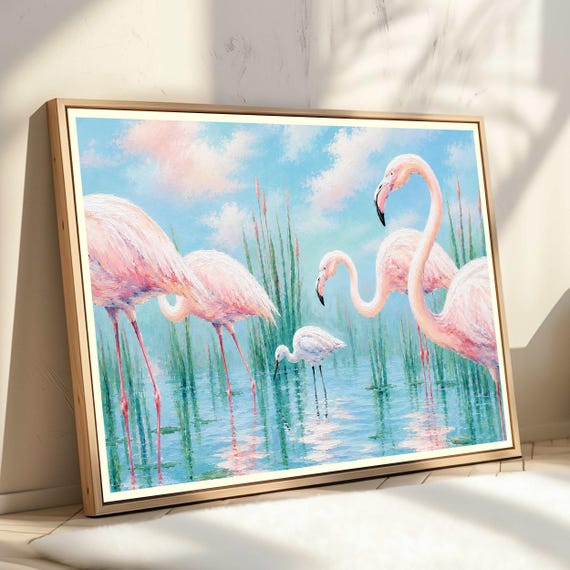 Flamingo Wall Art Impressionist Painting Pink Egret Print Tropical Bird Decor