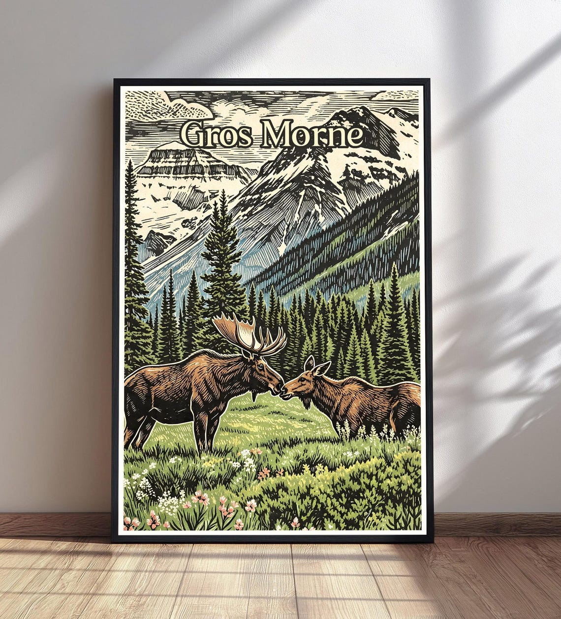 Gros Morne Moose Pair Meadow Mountains Vintage Travel Art Poster