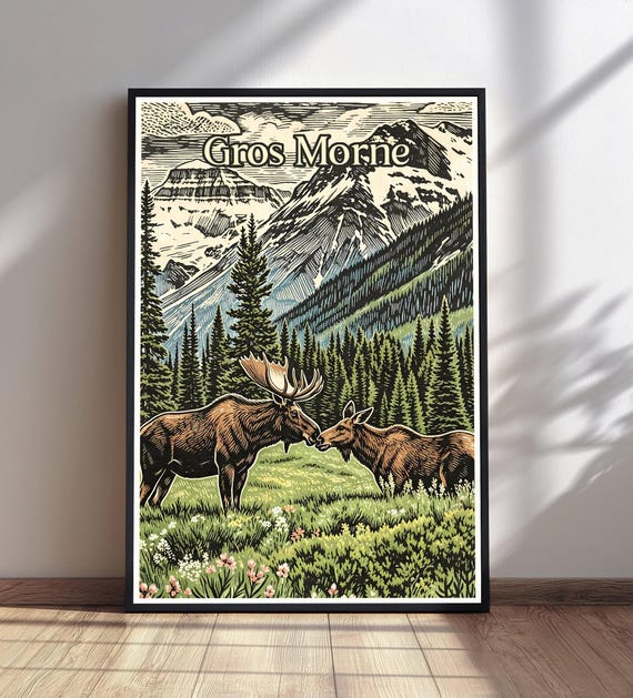 Gros Morne National Park Print Vintage Travel Poster Moose Nature Wall Art Canada