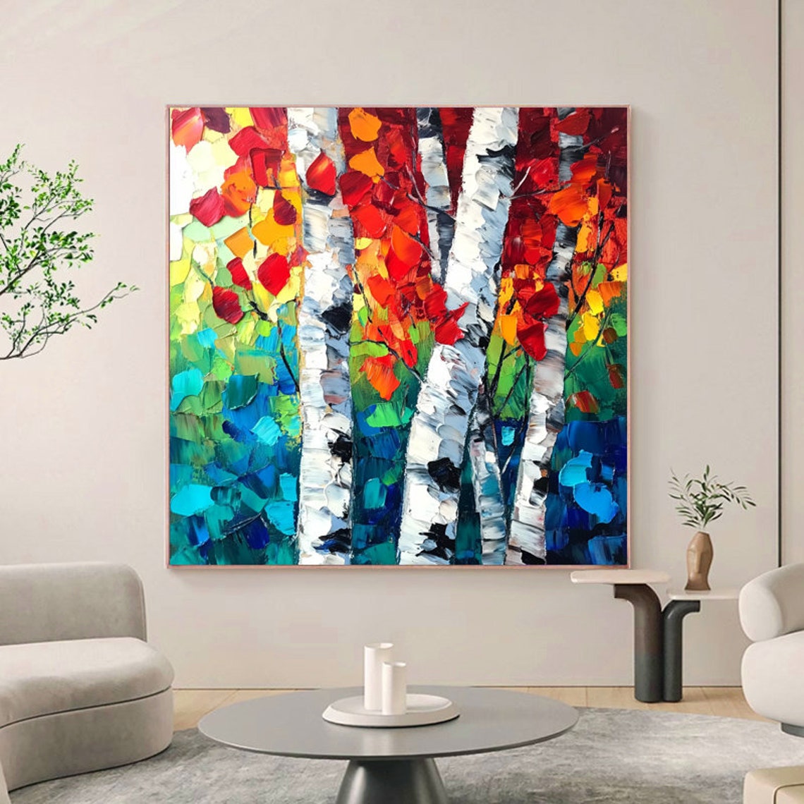 Colorful Autumn Birch Trees Thick Impasto Hand Painted Oil Art Poster