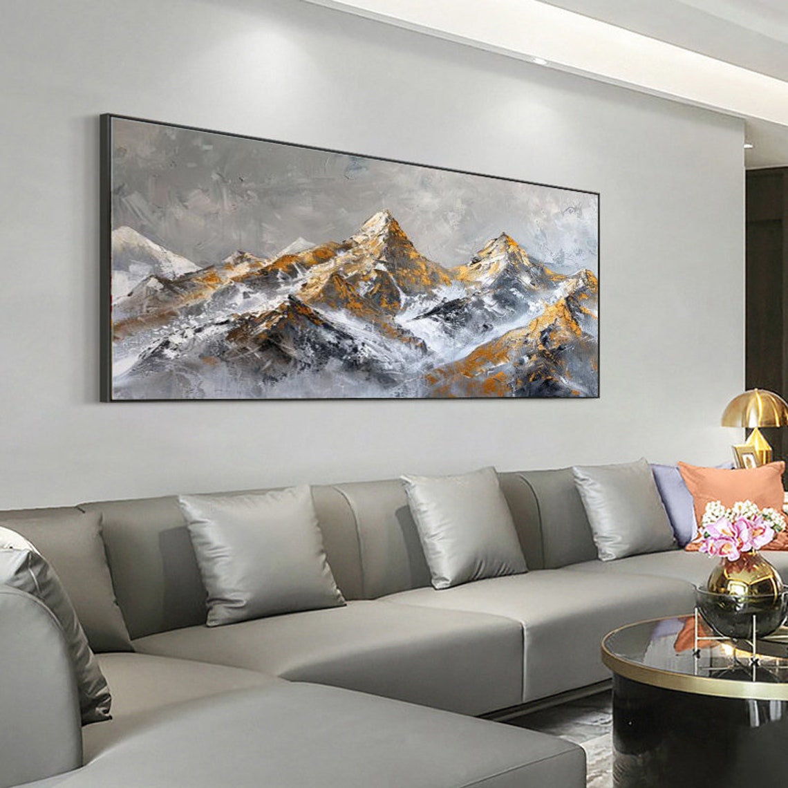 Majestic Golden Snow Capped Mountain Peaks Against Grey Sky Poster - Image 4