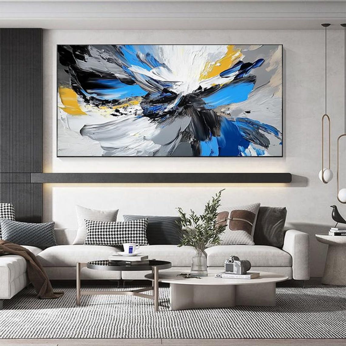 Sweeping Abstract Storm in Electric Blue Black and Gold Wall Art - Image 4