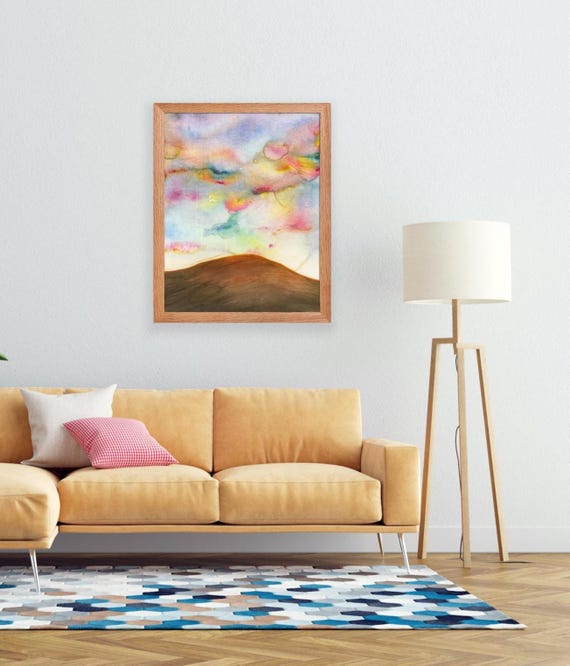 Horizon Landscape Watercolour Art Print Colorful Pink Sky Modern Wall Decor