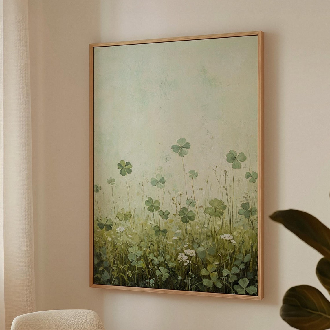 Minimalist Clover Meadow Under Pale Sky Soft Green Nature Wall Art