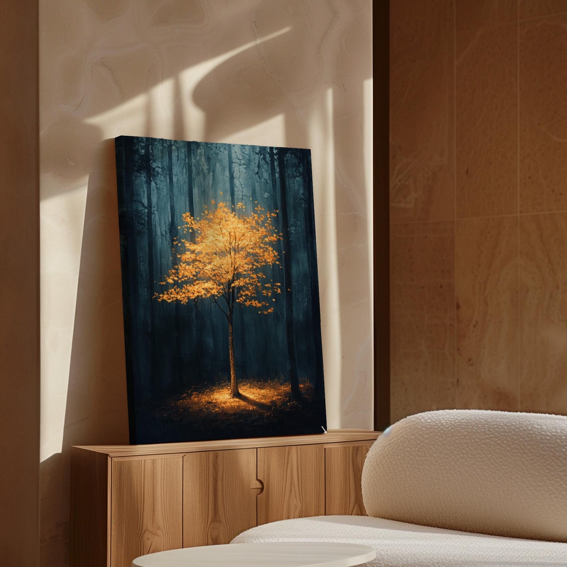 Golden Tree In Dark Forest Illuminated Nature Art Enchanted Forest Wall Decor For Serene Spaces