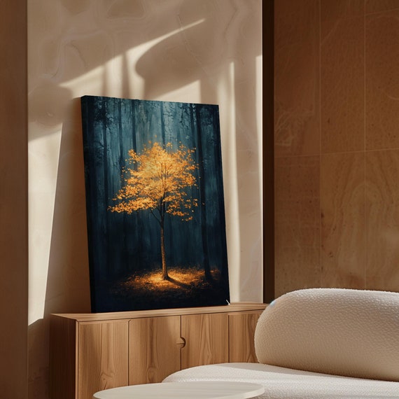 Golden Tree In Dark Forest Illuminated Nature Art Enchanted Forest Wall Decor For Serene Spaces