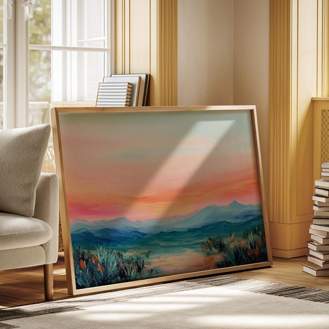 Desert Sunset Wildflower Horizon Oil Painting Landscape Poster