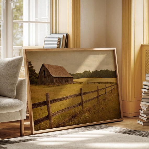 Rustic Barn In Golden Meadow Farmhouse Wall Art Country Landscape Print For Rustic And Farmhouse Decor