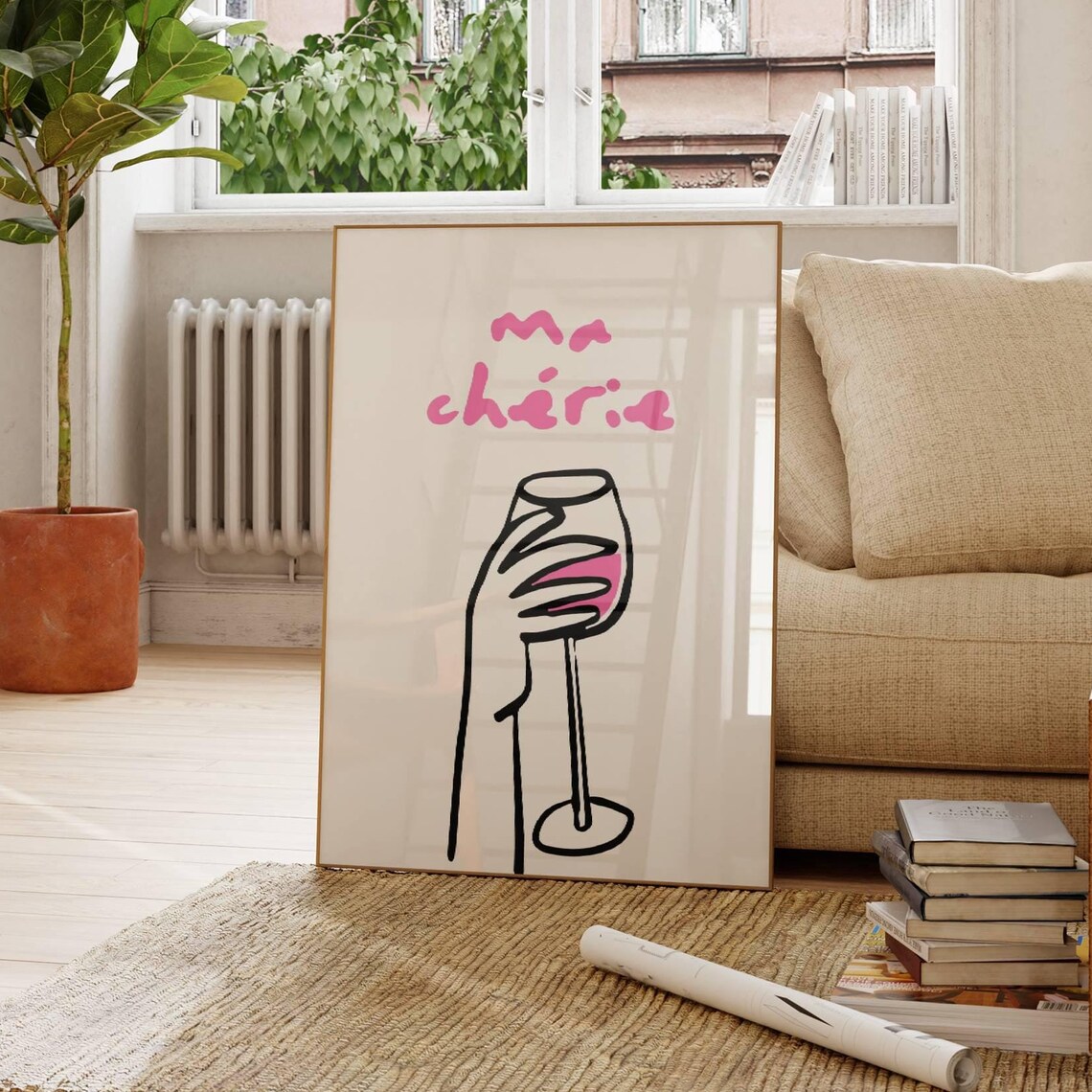 Ma Cherie Pink Wine Glass Line Art Poster French Bar Decor Quirky Art