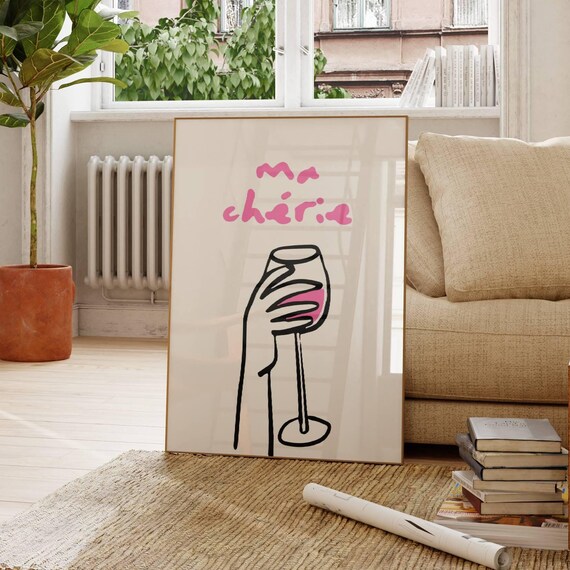 Ma Cherie Pink Wine Glass Line Art Poster French Bar Decor Quirky Art