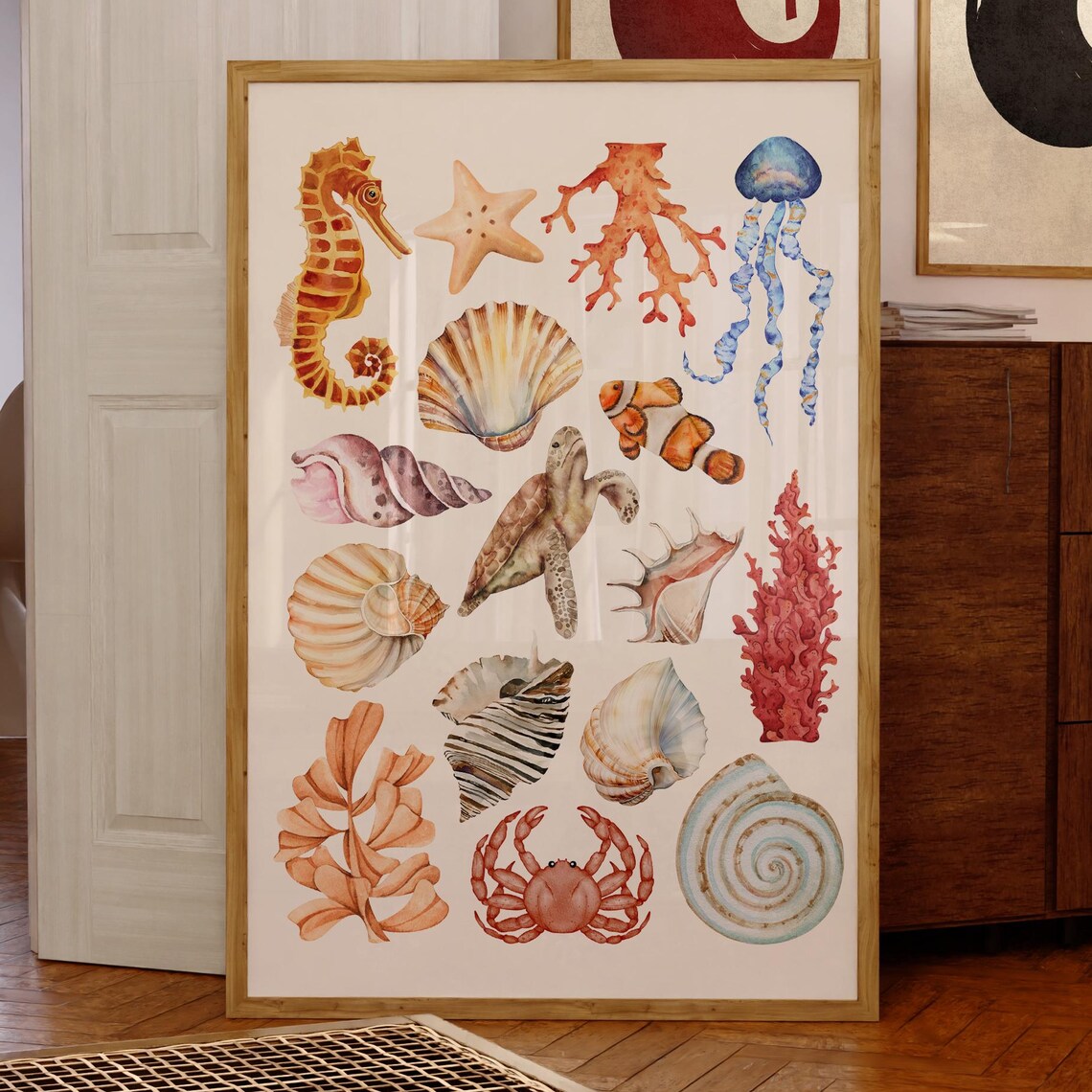 Watercolor Ocean Sea Life Collage Seahorse Turtle Shell Art Print