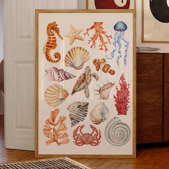 Watercolor Ocean Sea Life Collage Seahorse Turtle Shell Art Print