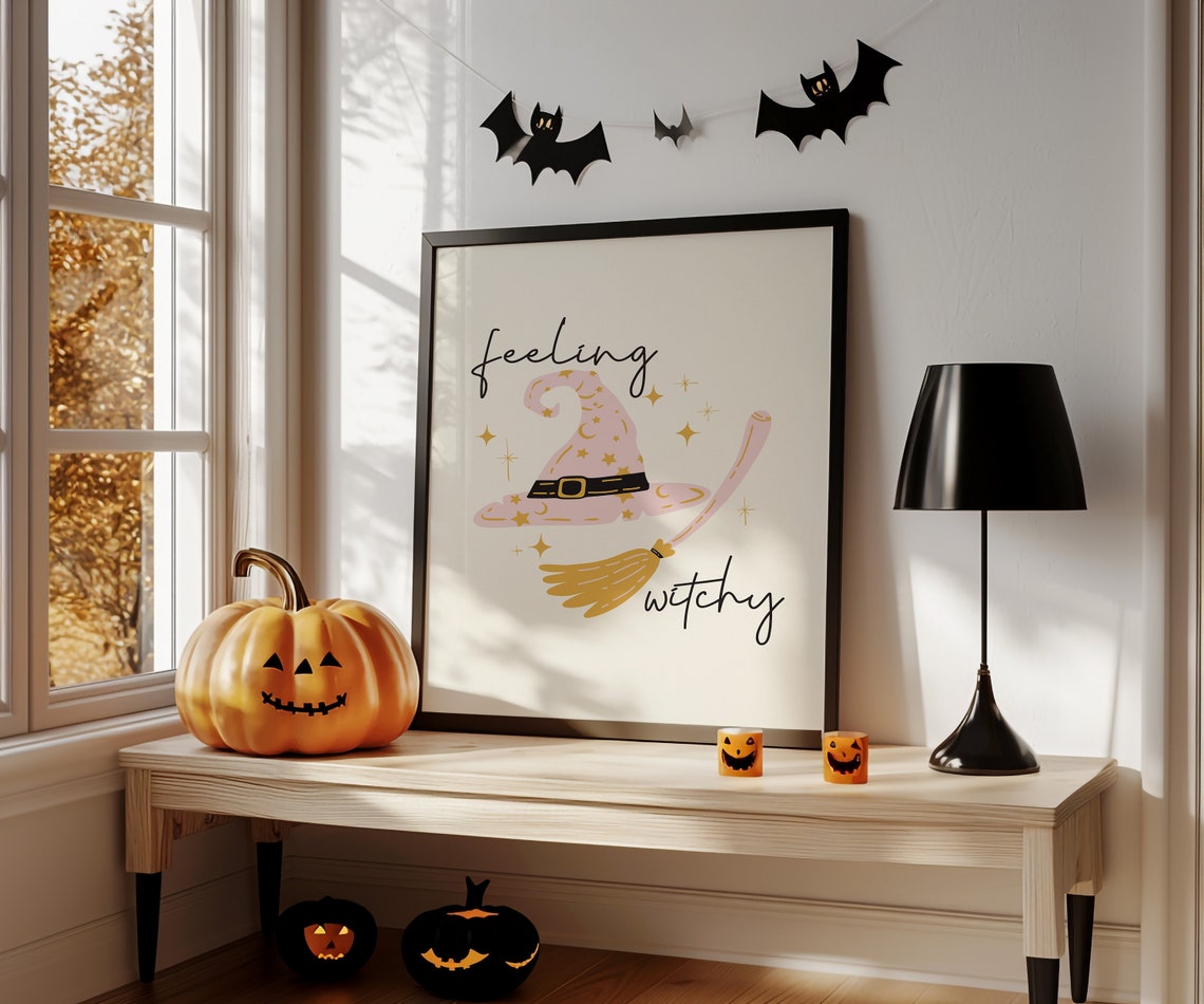 Feeling Witchy Pink Witch Hat Broom Cute Pastel Halloween Wall Art - Image 2