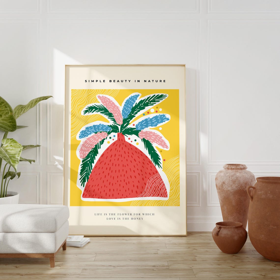 Simple Beauty In Nature Red Vase Palm Fronds Yellow Quote Poster Print