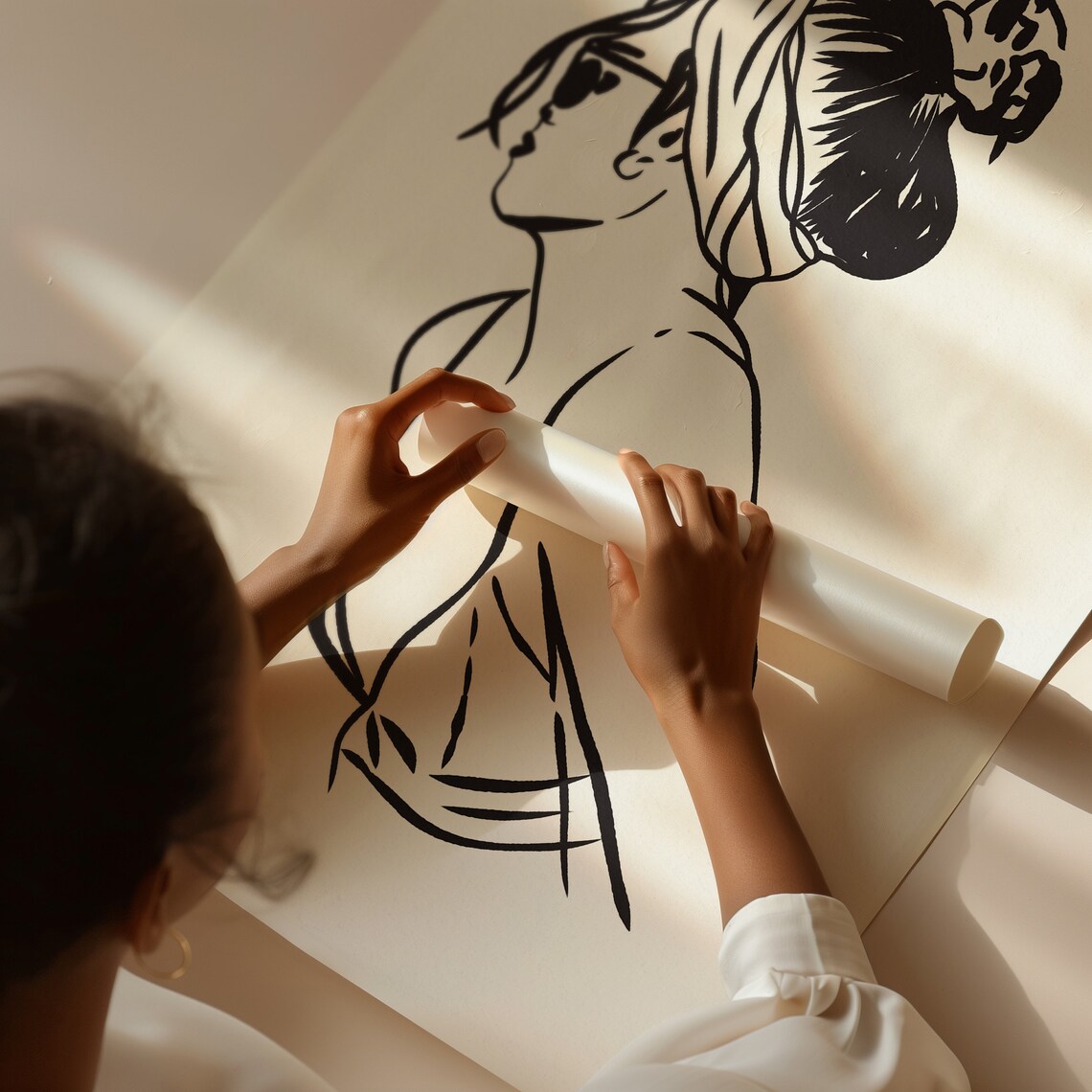 Woman With Hair Bun Side Profile Black White Minimalist Line Art Poster - Image 2