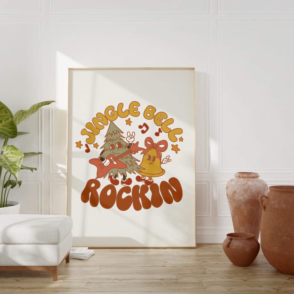 Jingle Bell Rockin Retro Mascot Christmas Tree Guitar Holiday Poster