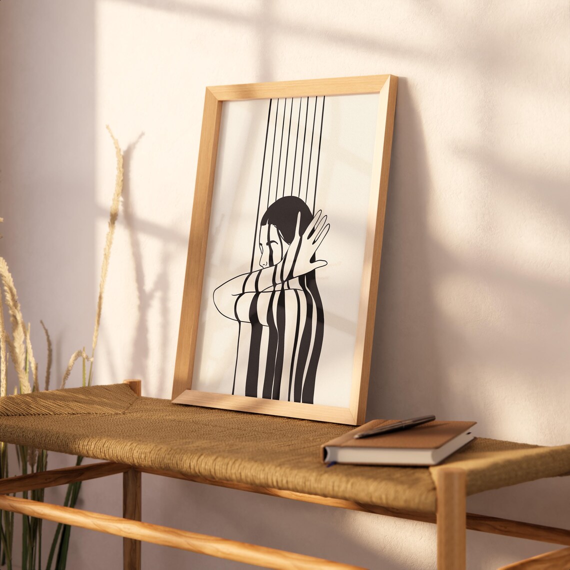Abstract Woman Silhouette Black White Striped Line Art Modern Decor Poster - Image 2