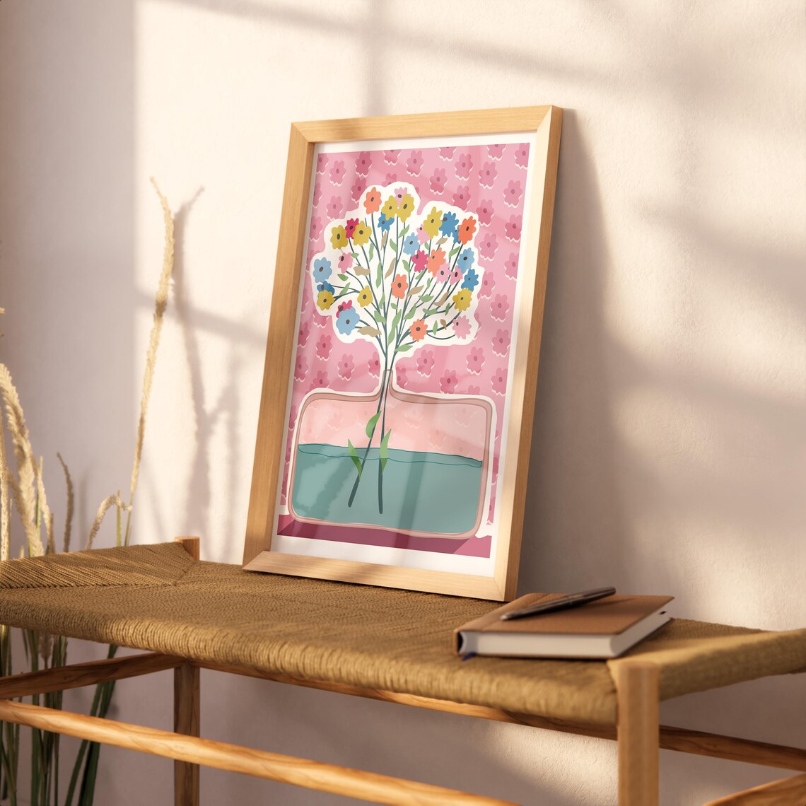 Colorful Wildflower Bouquet Glass Vase Pink Pattern Cheerful Wall Art - Image 4