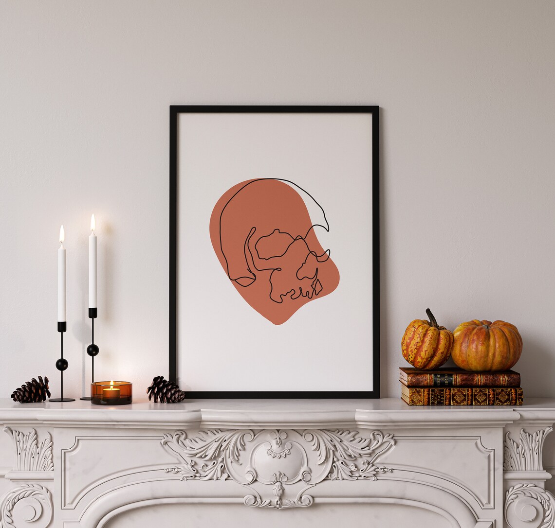 Terracotta Skull Line Art Abstract Organic Halloween Modern Boho Wall Print