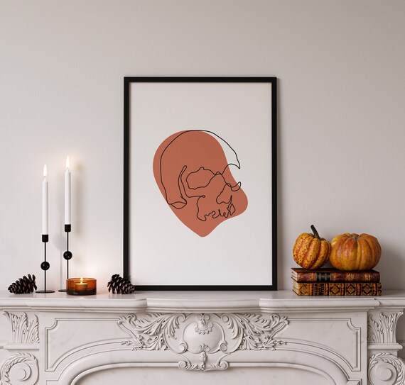 Terracotta Skull Line Art Abstract Organic Halloween Modern Boho Wall Print