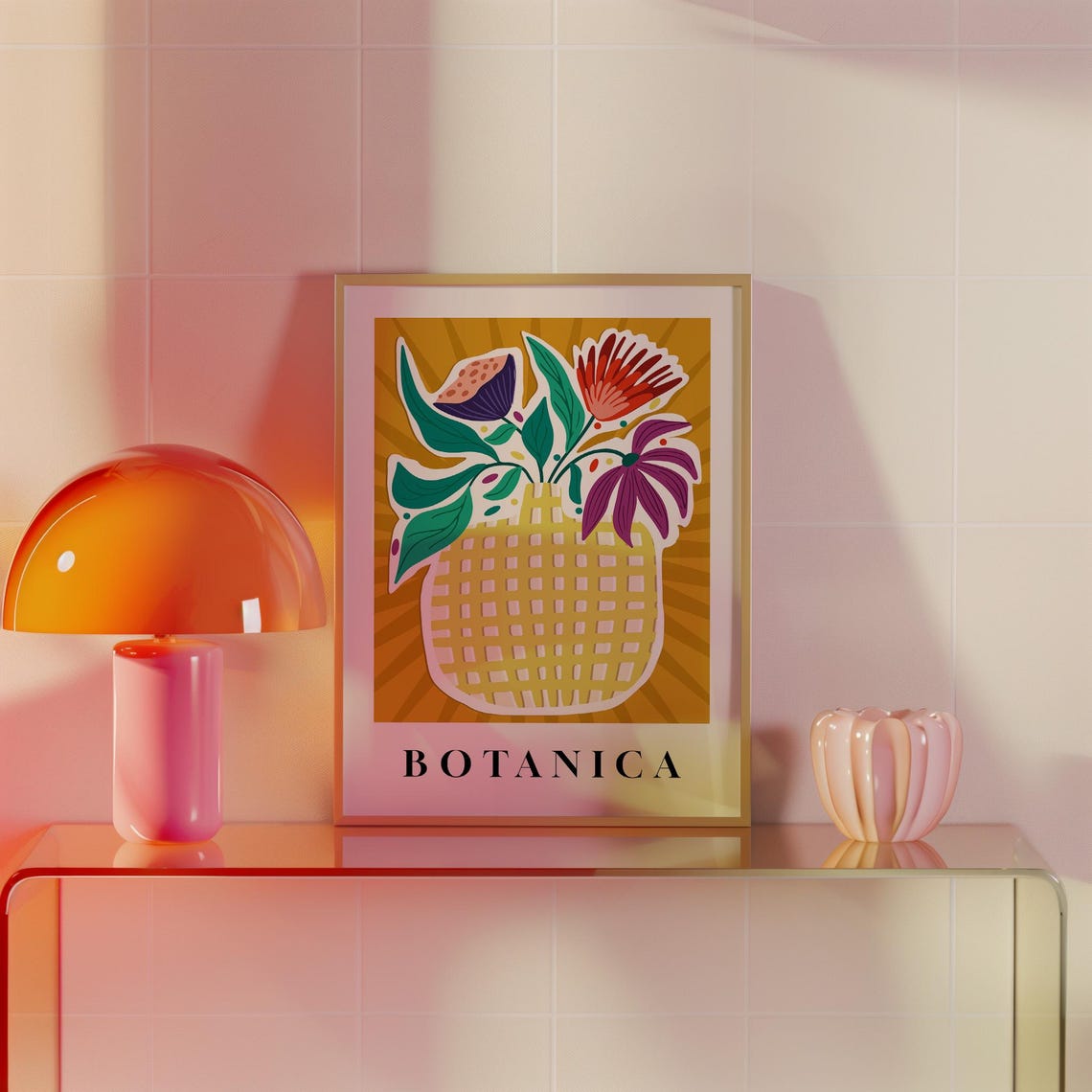 Botanica Yellow Checkered Vase Tropical Flower Retro Botanical Poster - Image 4