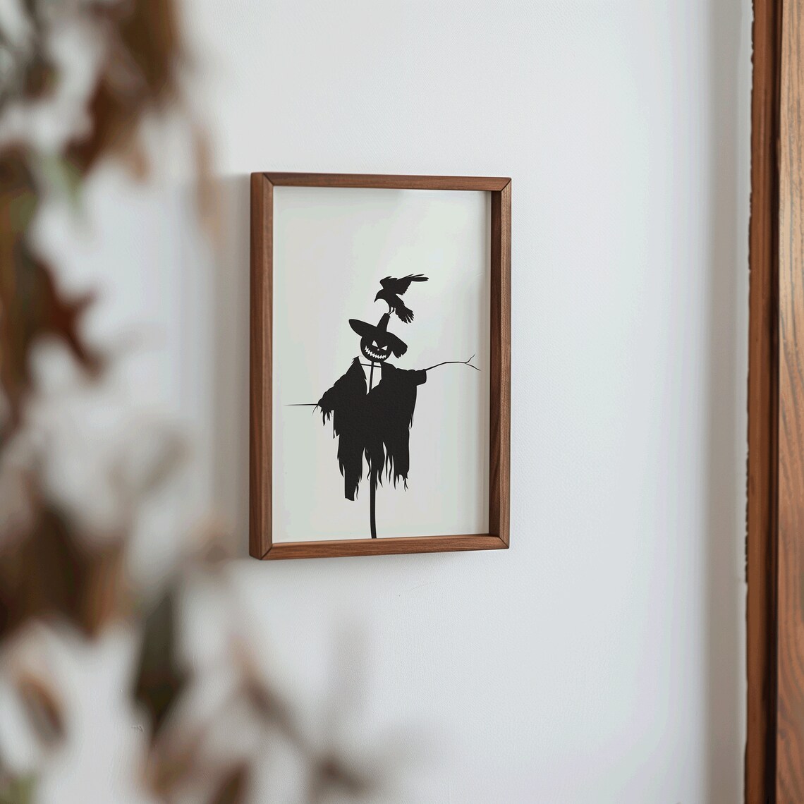 Scarecrow Silhouette Pumpkin Head Crow Black White Halloween Fall Print Poster - Image 4