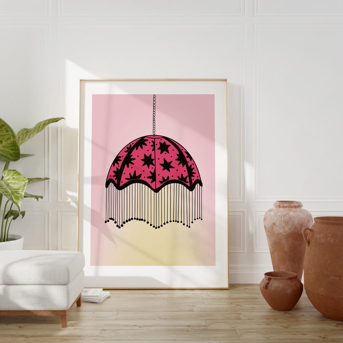 Pink Star Pendant Lamp Boho Fringe Hanging Light Illustration Poster