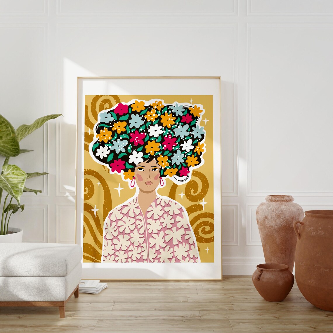 Woman Floral Hair Portrait Gold Background Bohemian Botanical Wall Art