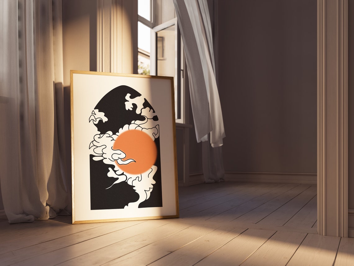 Black Orange Sun Abstract Japanese Wave Minimalist Art Poster - Image 3
