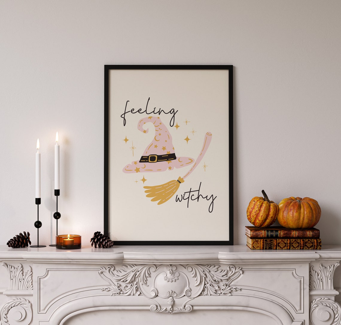 Feeling Witchy Pink Witch Hat Broom Cute Pastel Halloween Wall Art