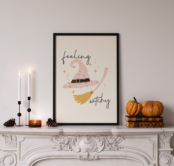 Feeling Witchy Pink Witch Hat Broom Cute Pastel Halloween Wall Art