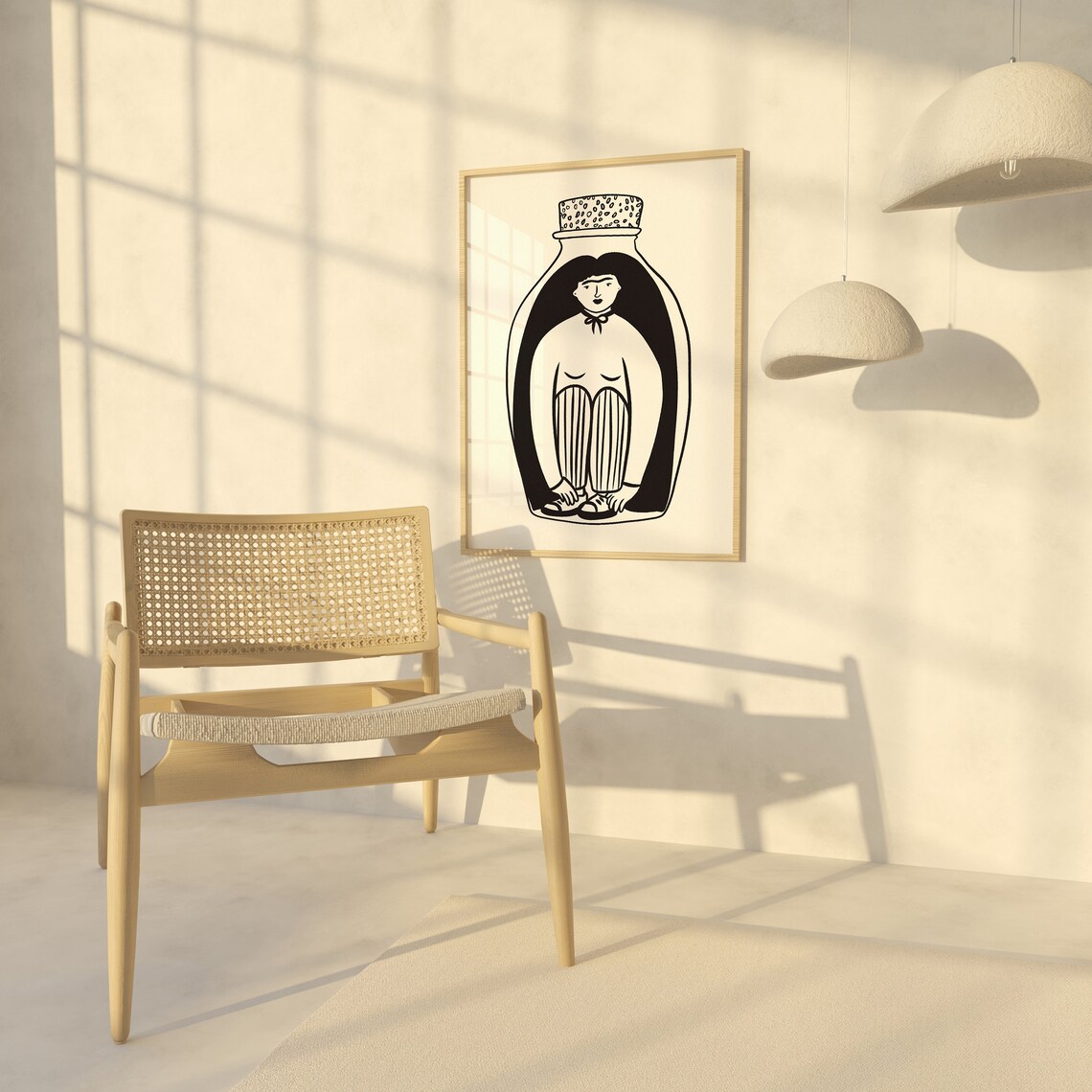 Woman Curled In Glass Bottle Quirky Black White Line Art Poster - Image 2