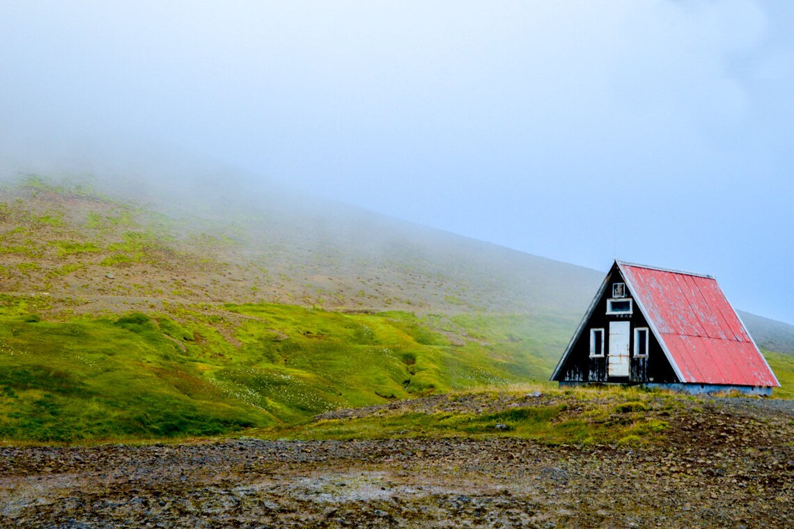 Iceland Red Roof Mountain Hut Misty Highlands Landscape Travel Poster