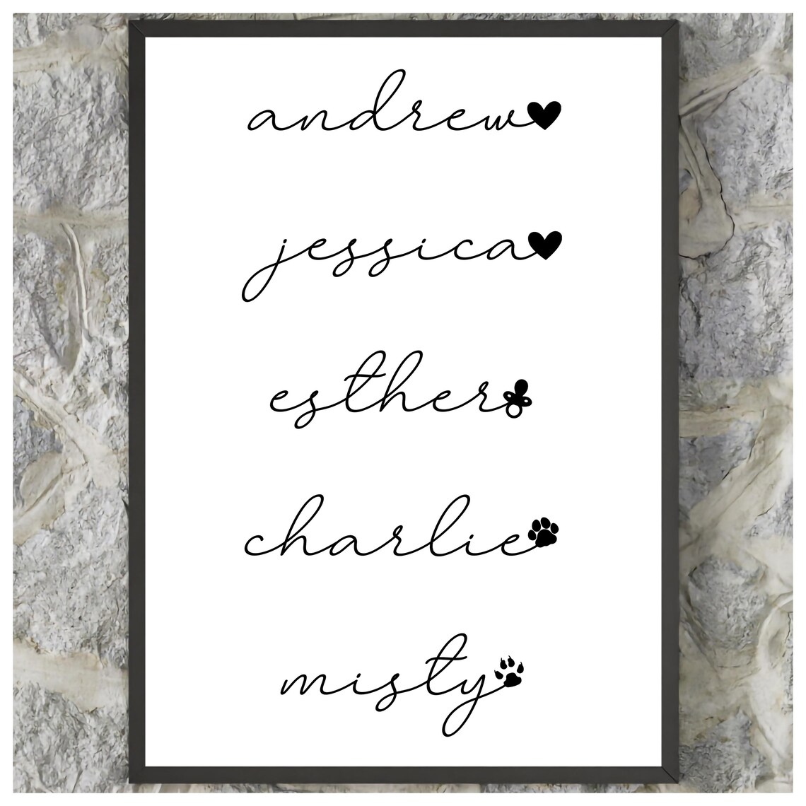 Custom Personalised Family Names Script Hearts Paws Gift Wall Art