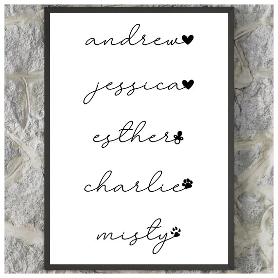 Custom Personalised Family Names Script Hearts Paws Gift Wall Art